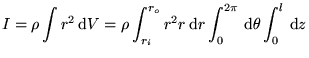 $\displaystyle I = \rho \int r^2 \d V = \rho \int_{r_i}^{r_o} r^2 r\d r \int_0^{2\pi}\d\theta\int_0^l \d z$